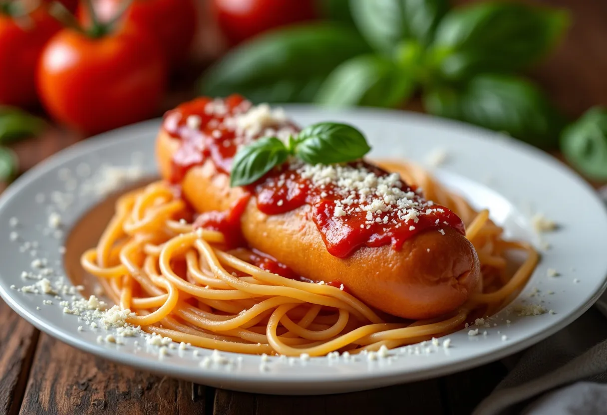 Hot Dog With Spaghetti Through It recipe image