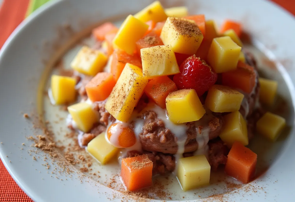 Mangú de Plátano Maduro con Frutas Tropicales recipe image